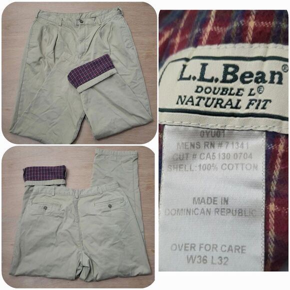 LL Bean Fleece Lined Pants Khaki Tan Pleated Front Pants Size 36x31 Mens - Picture 1 of 11